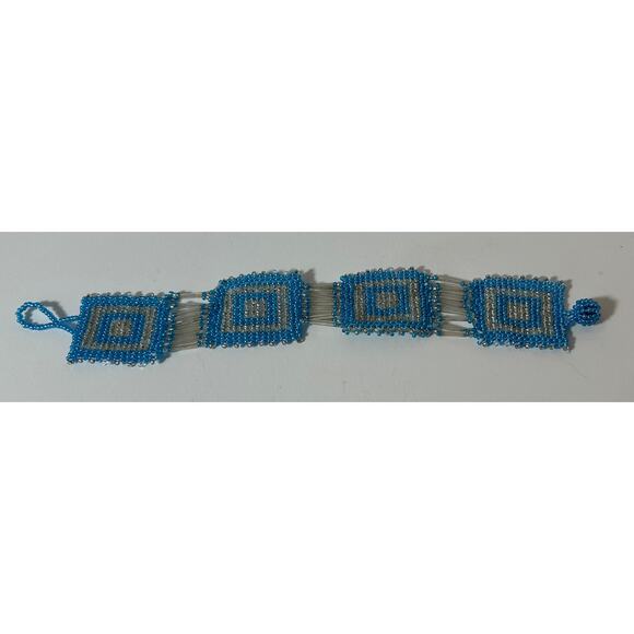 Handmade Blue Silver Seed Bead Woven Bracelet 8.25" Geometric Squares - Picture 1 of 5